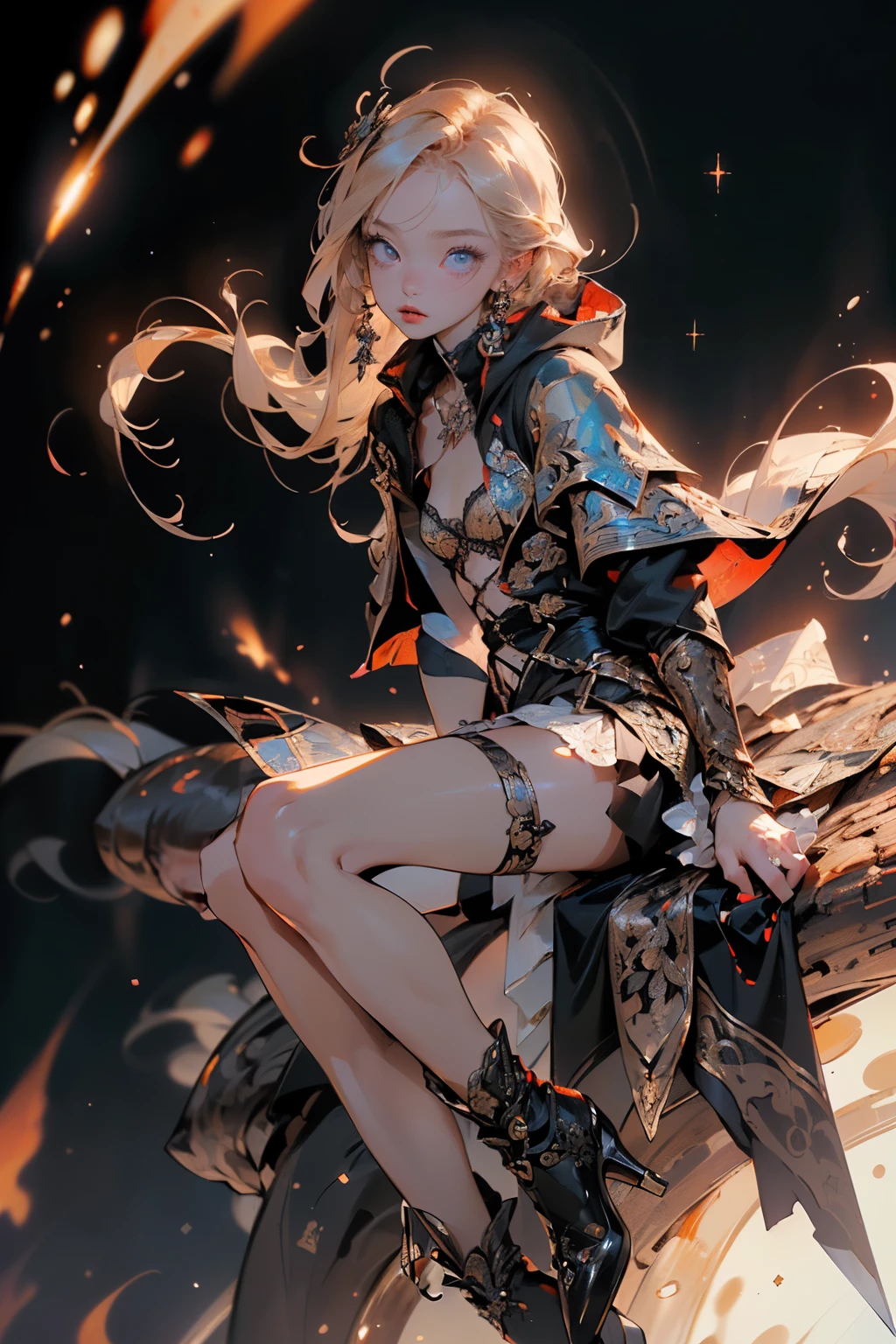(((masterpiece, of the highest quality, super detailed))), (a female knight of an occult order), ((((a sword with a digital glitch-like effect to the blade as though it is rapidly flickering in and out of reality, with a very slight warping effect around it similar to gravitational lensing, is floating next to her)))), Edwardian/Victorian era inspired, ((minimal but intricate beautiful armour)), Fluttering lace flared dress with frilly petticoats, ((((Highly detailed face))), (((Very sharp focused eyes))), very long eyelashes, small breasts, (((flat chest:1.1))), occult aesthetic, (red and white clothing detailed and intricate steampunk and detailed gothic), (with a hood), complex lace boots