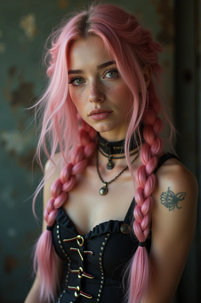 (Realisttic:1.2), analog photo style, Beautiful young woman, posing, with freckles and long pink hair braided, (steampunk dark fantasy atmosphere), soft natural light, cute and sexy, great quality, Masterpiece, detailed strange background, better performance, 16k quality, RAW photo