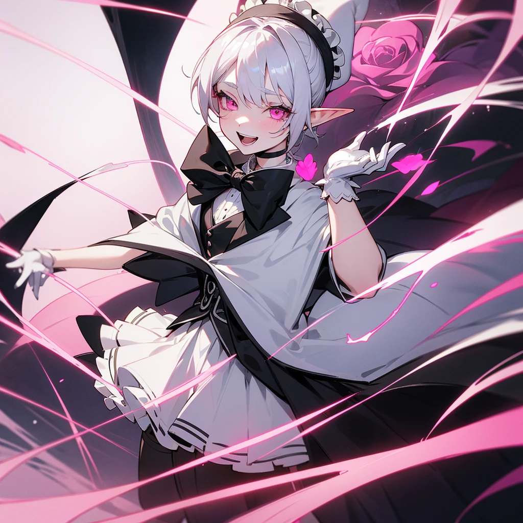 elf, silver hair, female, a girl, , female , glad, laughing, short hair, ponytail, covering one eye, pink eyes, pale skin, tiny, slim, wizard hat, choker, Tuxedo, White gloves, ribbon, skirt, Gothic ta, magic effect, pink Rose