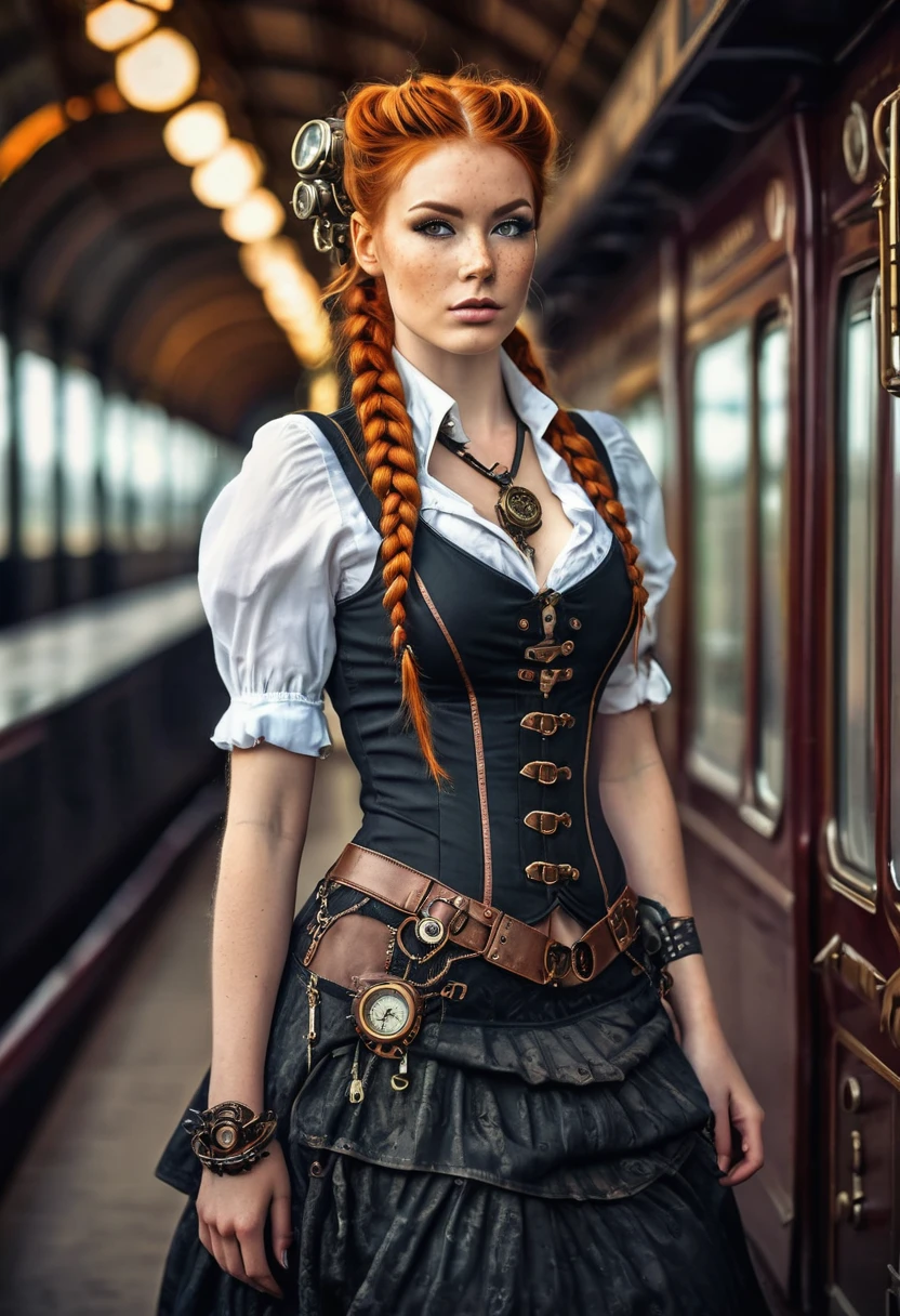 (Realisttic:1.2), analog photo style, Beautiful woman, posing, with freckles and long ginger hair braided, (steampunk dark fantasy atmosphere), soft natural light, cute and sexy, great quality, wear a cute Strampunkdress and looks at you, steampunkroom, Masterpiece, detailed strange background, better performance, 16k quality, HDR, RAW photo, Steampunk Train Station, Steampunk Train