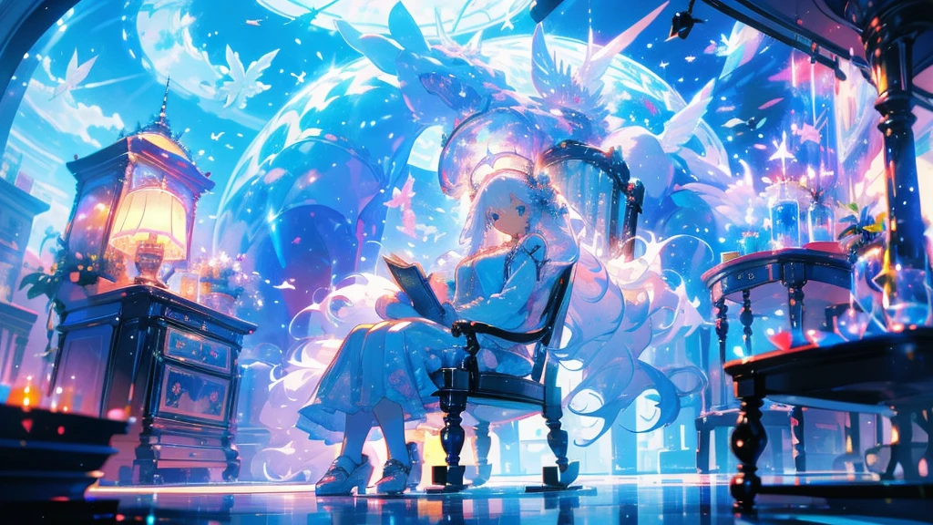 (The pieces fly), (Highest quality), Very detailed, 1 girl, Solo full body shot, Perfect Face, beautiful girl, Very detailed顔，(Long white hair:1.5)，(blue eyes:1.4)，universe、Glass Dome、Large dome、indoor、Light、[beautiful detailed lighting][soft lighting][cinematic lighting][light particles][colorful refraction][light diffusion][light-filled room]、Fantasy、Rocking Chair、reading、View Book、