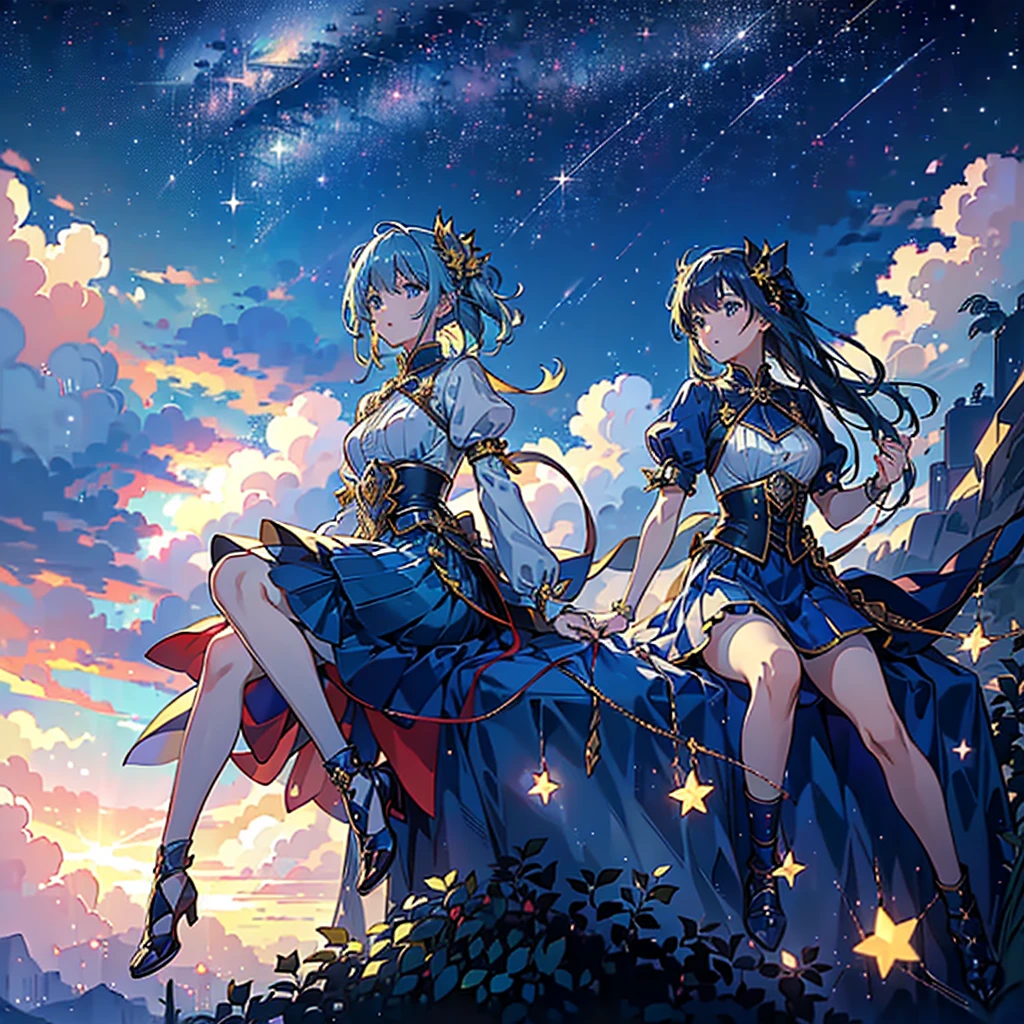 1girl,(((Super detailed、Highest quality、Masterpiece、Dynamic composition、Award-winning works)))、Anime Style、Star Fairy、universe、Night Sky、Milky Way、Meteors、