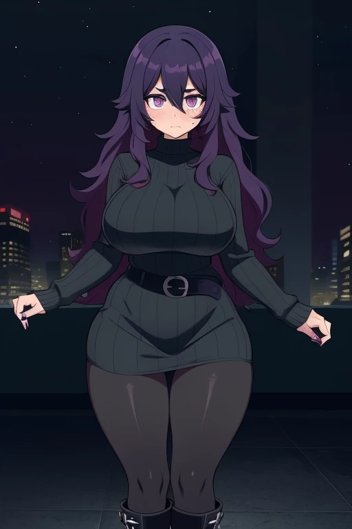 20 year old woman, busty, bubble butt, hourglass figure, skinny, blushing, frustrated expression, horny, seductive, dark purple hair, long hair, wavy hair, wearing wearing black sweater, shoulderless sweater, ribbed sweater, sweater dress, belt, tights, heeled boots, tight fitting clothing, middrift, cleavage, anime, city at night, outside, punk, punk style, punk hair, doujin style, manga, flat colours, goth, hex maniac