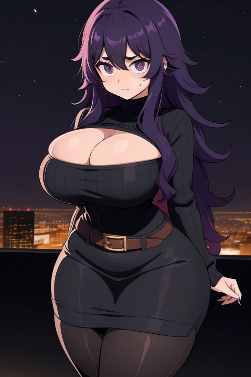 20 year old woman, busty, bubble butt, hourglass figure, skinny, blushing, frustrated expression, horny, seductive, dark purple hair, long hair, wavy hair, wearing wearing black sweater, shoulderless sweater, ribbed sweater, sweater dress, belt, tights, heeled boots, tight fitting clothing, middrift, cleavage, anime, city at night, outside, punk, punk style, punk hair, doujin style, manga, flat colours, goth, hex maniac