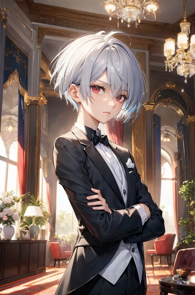 (pastel color style) (arms Standing with arms crossed) (solo:2,  yo) (detailed cool crew cut silver hair very short hair) (smart divine sword fighter boy) (detailed cool red eyes) (cool serious face), in a butler suit, break, in the Lounge, BREAK, perfect anatomy, masterpiece, best quality, 16k, beautiful detailed grow, daydreaming expression. 