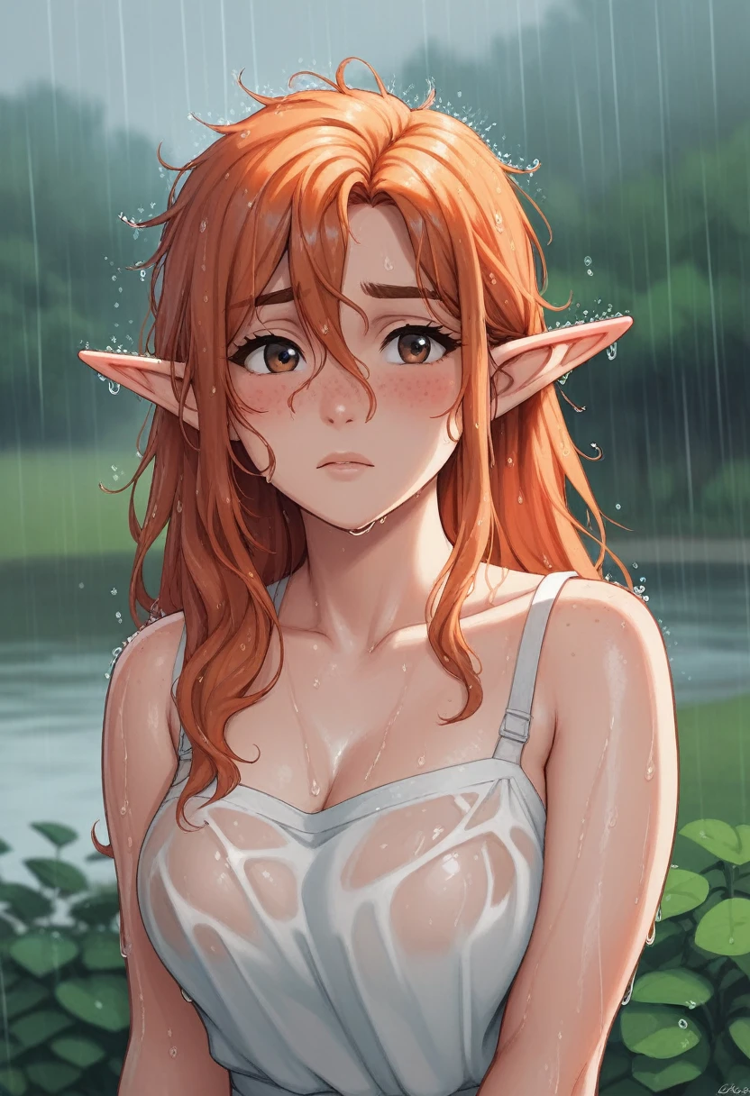 A beautiful girl, beautiful brown eyes, (ginger hair:1.2). (Elf ears:1.2), dark brows, full lips, wet hair, messy hair, natural beauty. With a sweet look, cute freckles, very nervous expression, blushing cutely. Beautiful lighting, wearing summer dress, soaked, raining