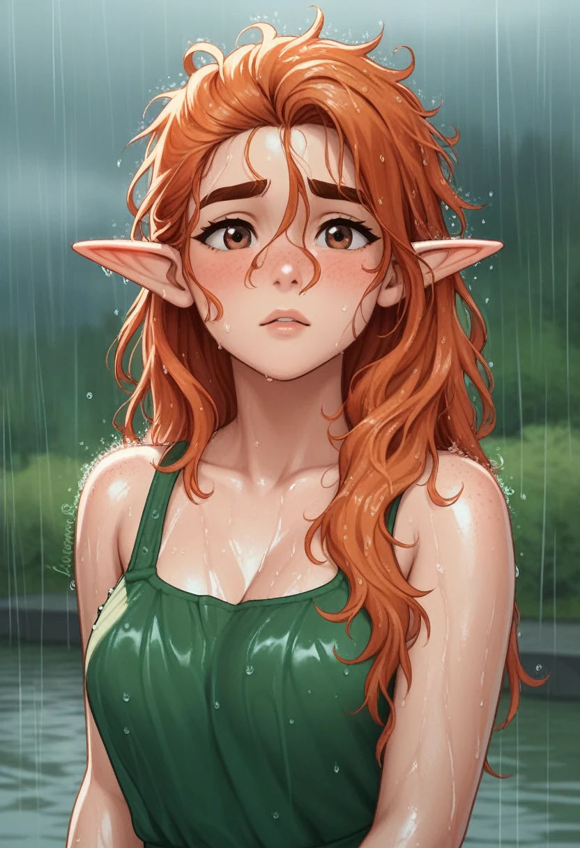 A beautiful girl, beautiful brown eyes, (ginger hair:1.2). (Elf ears:1.2), dark brows, full lips, wet hair, messy hair, natural beauty. Flat chest, huge ass, wide hips, tiny waist, With a sweet look, cute freckles, blushing cutely. Beautiful lighting, wearing summer dress, raining