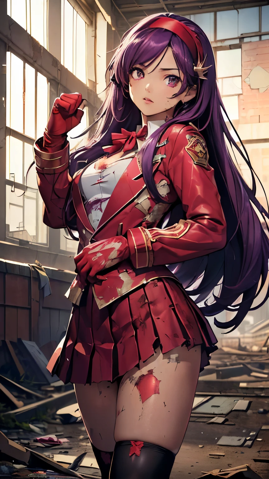 Athena Asamiya，((Beautiful purple long hair，Red headband))，(8k，Realistic，RAW Photos，Highest quality:1.28)，Beautiful Face，Realistic lips，Beautiful and detailed hair，Charm，Intricate details，Very beautiful and detailed eyes，(Red Blazer Uniform，Red gloves on both hands，Pleated mini skirt，Black Tin High Stockings:1.35)，A desperate expression，Intricate details，Supermodel，A pure and righteous super idol，((Kick fighting pose:1.35))，(Clothes become dirty and tattered:1.6)，(Sexy panties visible:1.27)，Detailed Pixels，Dynamic Angle，((Abandoned Factory in the Middle of the Night:1.48))，Professional Lighting