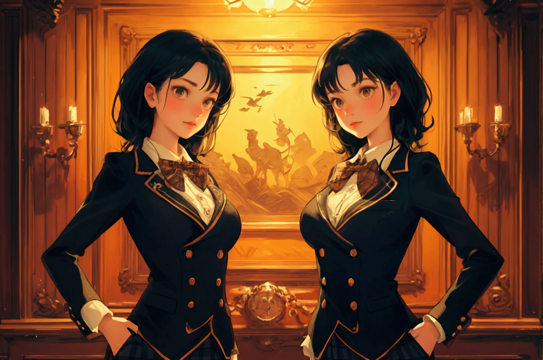 Create a beautifully detailed image featuring a cute girl . The girl should be wearing the same plaid suit with a bow tie and standing confidently with a hand in her pocket. The background should remain a luxurious, vintage room with wooden walls, a framed painting, and rich details. The overall theme and style of the image should be preserved exactly, maintaining the warm lighting and sophisticated atmosphere