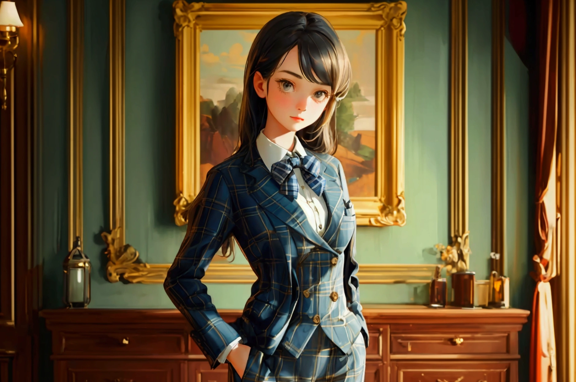Create a beautifully detailed image featuring a cute girl . The girl should be wearing the same plaid suit with a bow tie and standing confidently with a hand in her pocket. The background should remain a luxurious, vintage room with wooden walls, a framed painting, and rich details. The overall theme and style of the image should be preserved exactly, maintaining the warm lighting and sophisticated atmosphere