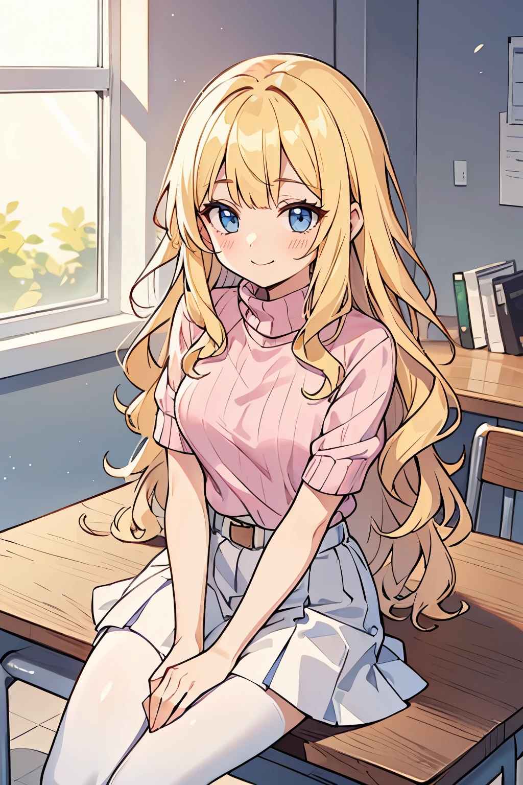 Safe for work, masterpiece, best quality, solo, 1 girl, cute girl, wholesome girl, (young female body:1.4), ( medium small breasts), cowboy shot, shy smile, flustered, yellow hair, voluminous wavy hair, extra long hair, hime cut, very blunt bangs, light blue eyes, office room, desk, sweater, pink knitted sweter, tucked in shirt, white skirt, tight white skirt, pink sweater tucked into waistband, tights, hands in lap, sitting on desk, extra long wavy yellow hair, tucked in sweater, white pantyhose, short sleeves