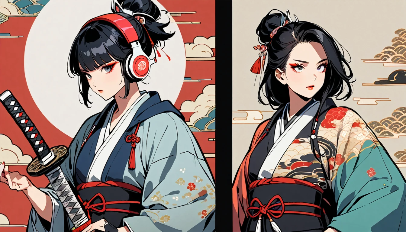 (((2 girl))), (((Flashy makeup))), (((Japanese style headphones))), (((Japanese pattern hoodie))), (((Japanese sword))), (((Female samurai))), Japanese beautiful girl, Black Hair, Delicate and precise, Modern ukiyo-e style, Japanese flag, battle mode