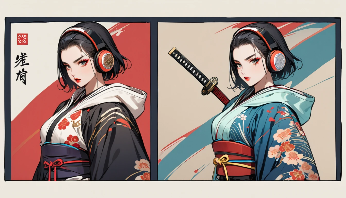 (((2 girl))), (((Flashy makeup))), (((Japanese style headphones))), (((Japanese pattern hoodie))), (((Japanese sword))), (((Female samurai))), Japanese beautiful girl, Black Hair, Delicate and precise, Modern ukiyo-e style, Japanese flag, battle mode