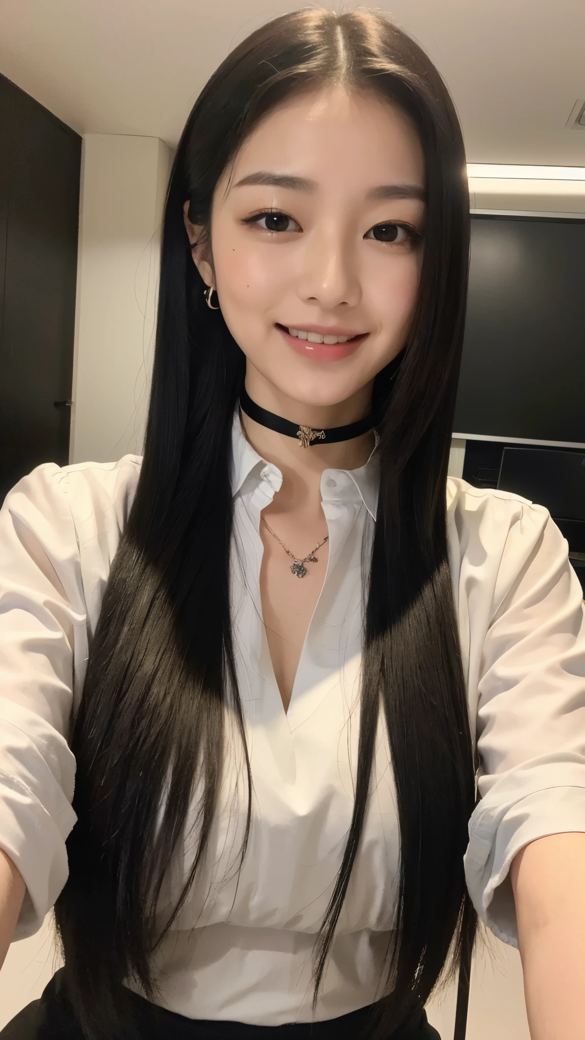 (Highest quality, 8k, 32K, masterpiece, Ultra-high resolution:1.2),Beautiful Japanese Women Photos, One Girl,Long Black Hair,smile,shirt,office,choker