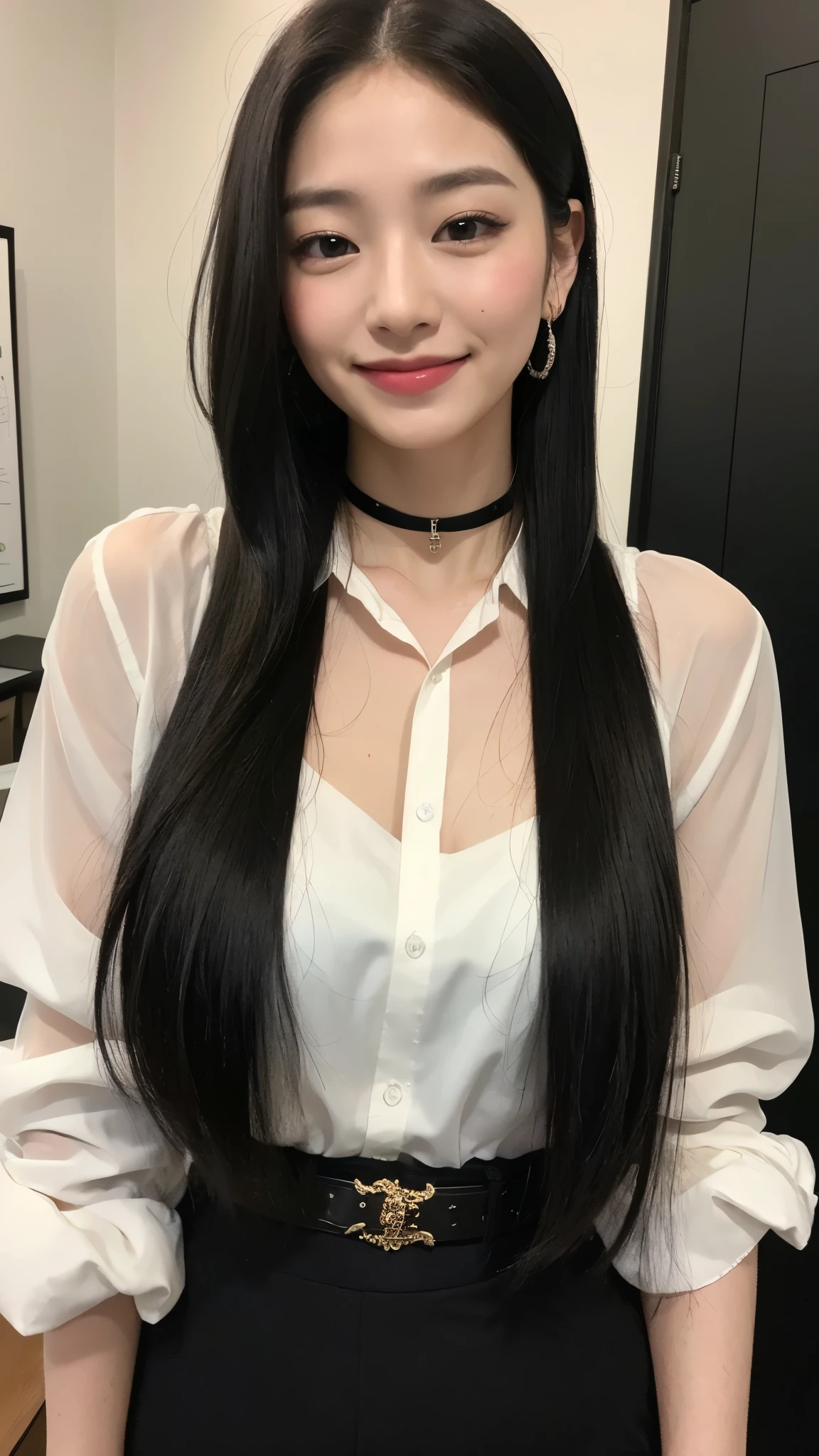 (Highest quality, 8k, 32K, masterpiece, Ultra-high resolution:1.2),Beautiful Japanese Women Photos, One Girl,Long Black Hair,smile,shirt,office,choker, white shirts, see-through