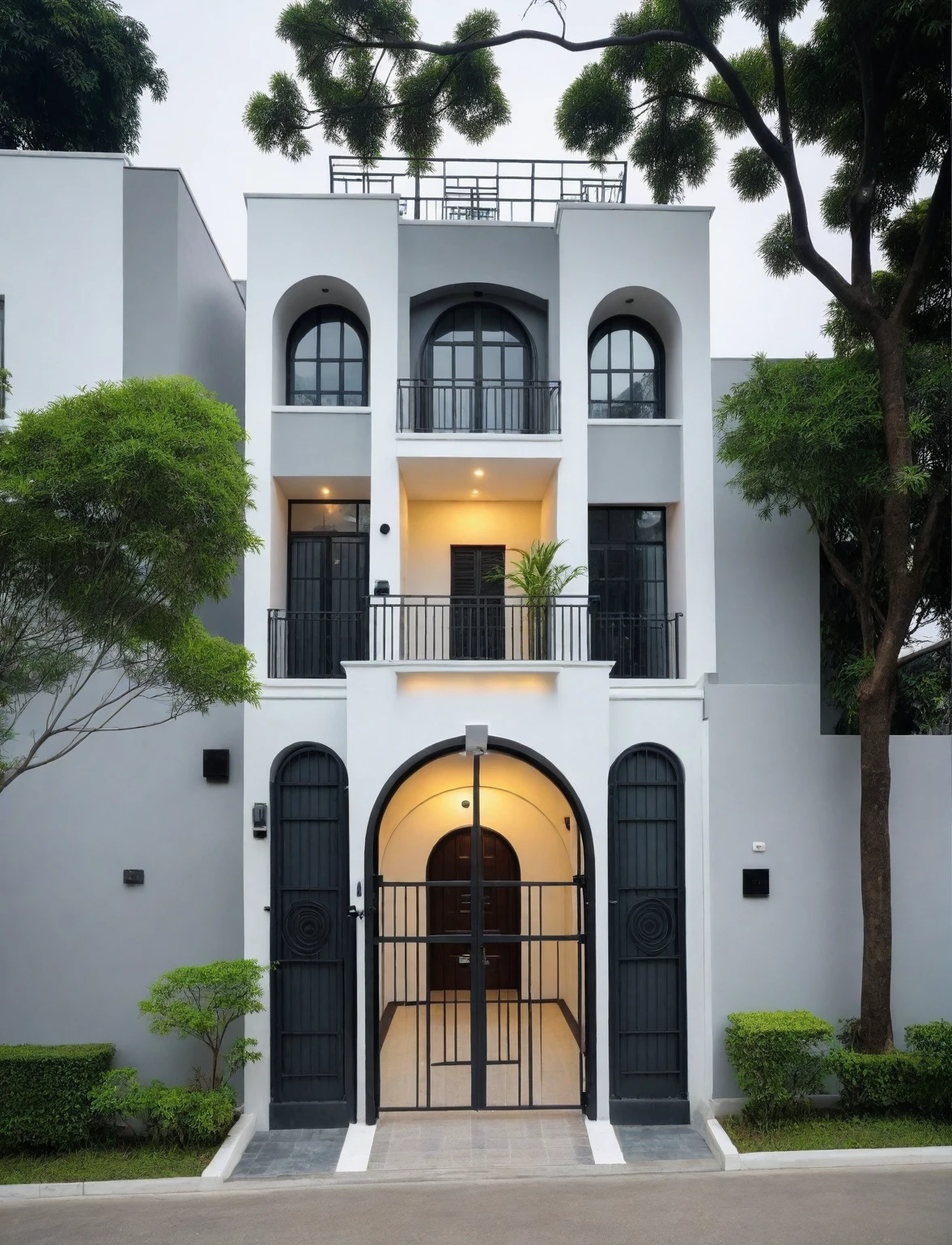 RAW photo, a photo modern house, Wabisabi style rounded wall, white wall, steel dark gate, sidewalk, sidewalk trees, ((grey gate:1.2)), road, viet nam modern residence, ((architectural shot)), rough white wall, new residential area, wide angle exterior 2022, contemporary house, exterior photography, masterpiece, contemporary architecture, overcast, indirect lighting