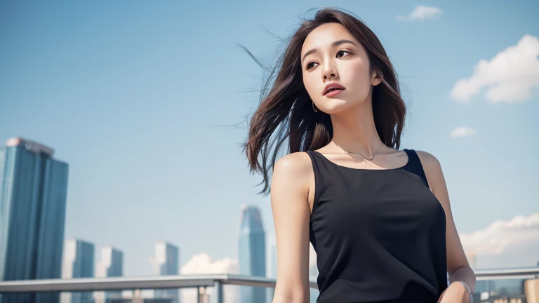 Beautiful woman standing on the roof of a big city building、Look up at the sky、Hold your hand over your forehead、Hair fluttering in the wind、Black Tank Top、Realistic photo、Professional photography with attention to detail