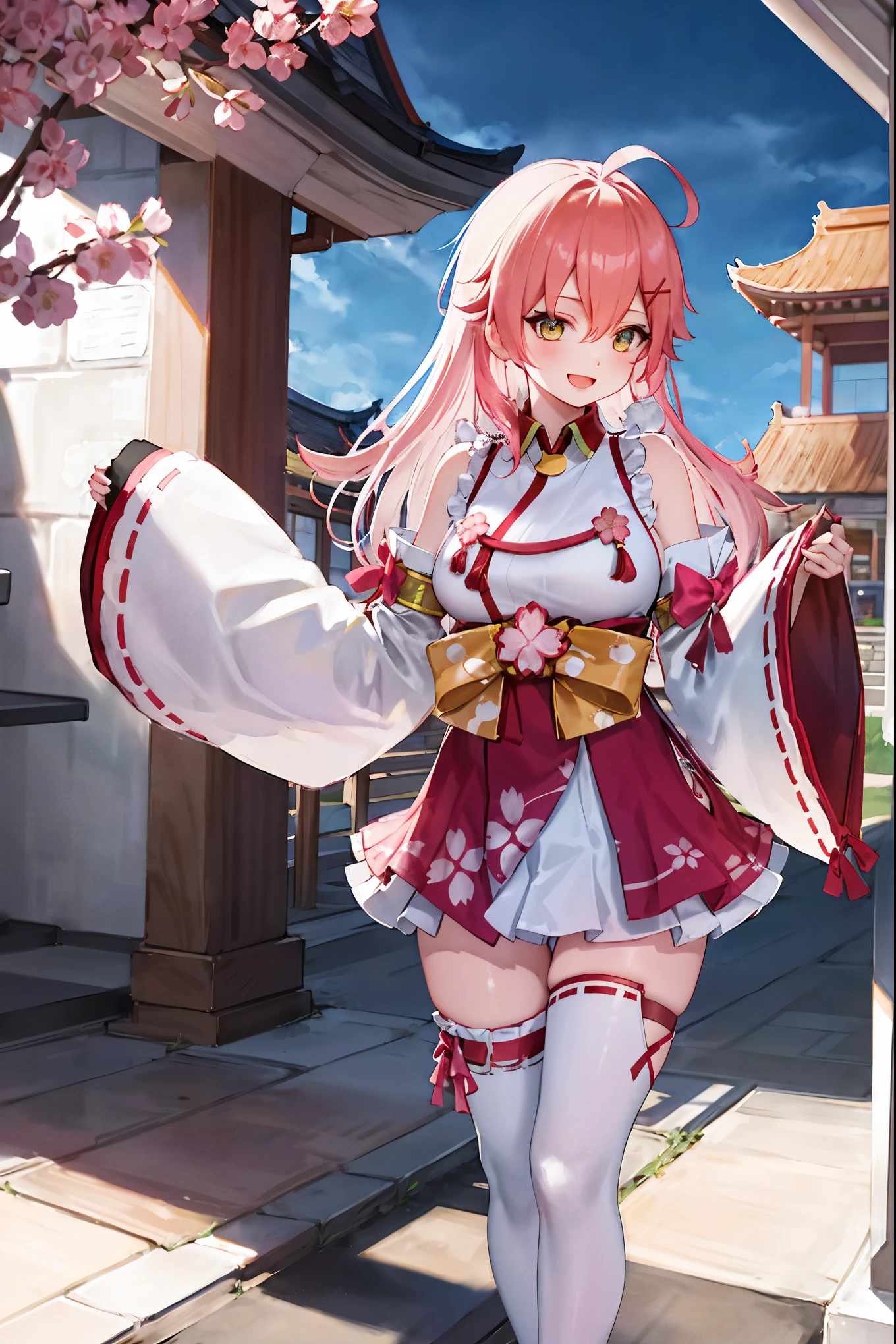 masterpiece, best quality, highres, miko1, sakura_miko, 1girl, big_boobs, solo, ahoge, x_hair_ornament, pink_hair, floral print, hairclip,(side_less_clothes:1.5), (side_boobs:1.5), hair_bell, floral print, long_hair, hair between eyes, one side up, white thighhighs, asymmetrical legwear, wide sleeves, open_mouth,(happy:1.3),gleen_eyes,big_smile,(rise_leg:1.3),plump,apart_legs,(overly_long_sleeves:1.3),),sleeves_past_wrists,hands_hidden_sleeves,sidelock_clothes,dynamic_posing,solo,hidden_wrists,(XD:1.4),covered_nipples,sunlight,cherryblossom_temple_landscape_background,