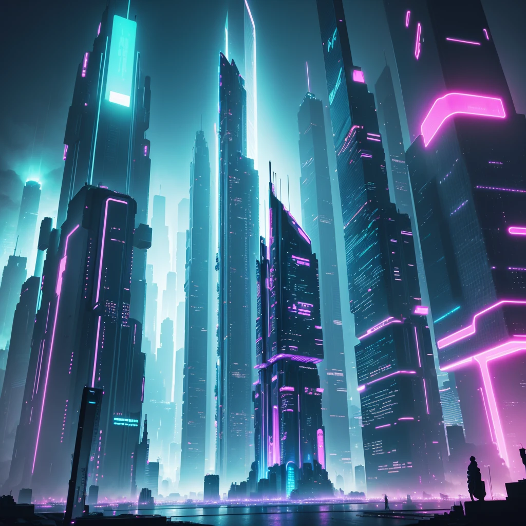 a futuristic cityscape, neon lights, glowing structures, floating skyscrapers, cyberpunk atmosphere, vibrant colors, glowing plants, colorful holographic displays, advanced technology, dynamic camera angle, cinematic lighting, moody atmosphere