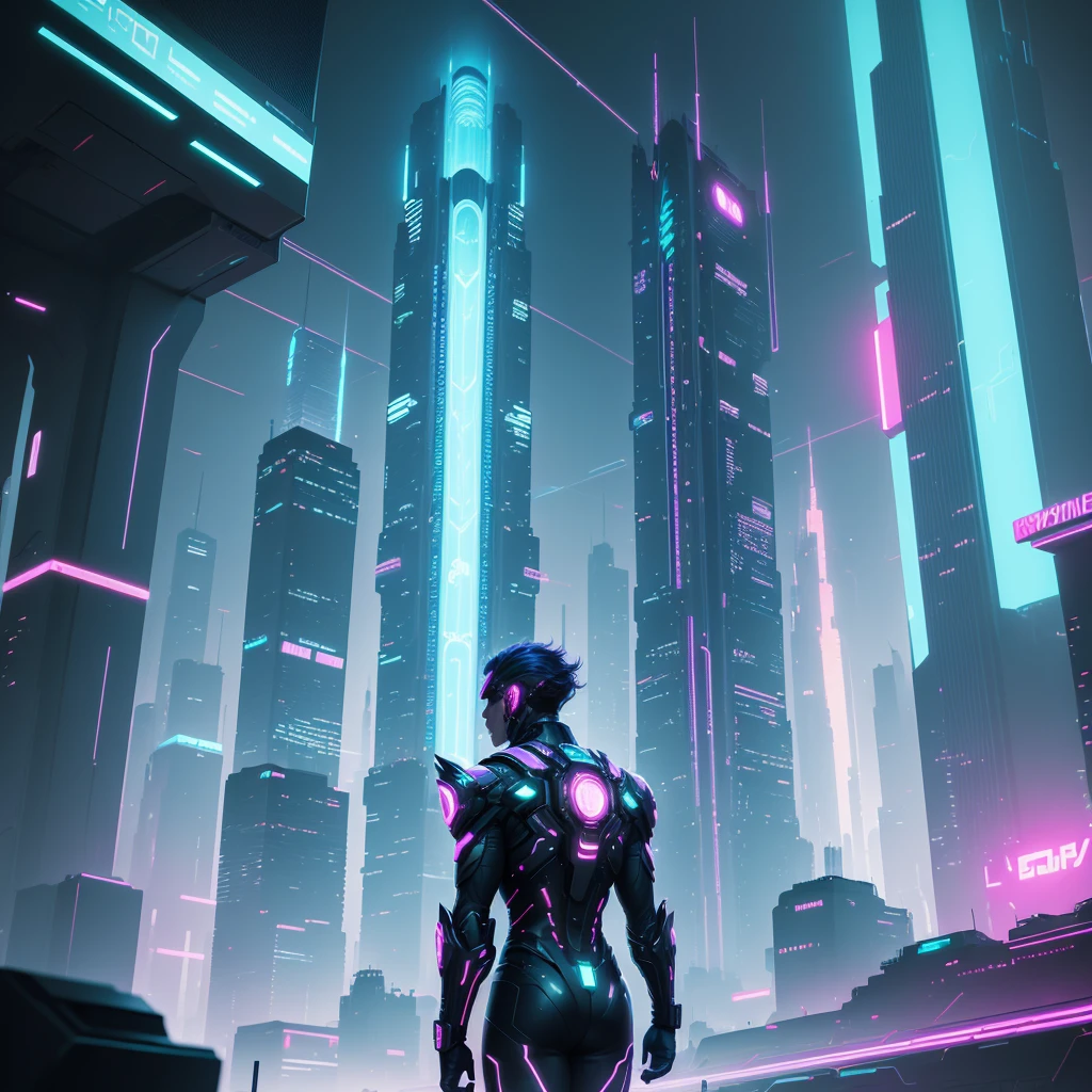 (The CG of 8k unit wallpaper is extremely detailed, Masterpiece, Best quality, Ultra-detailed), (((Solo)))), ((Extremely wide lens:1.15)), A cyborg looks at a sci-fi city in the distance from a bridge, ((Back view)), ((full bodyesbian)), (High detail), (Intricate details), Intricate, Magnificent scene, Detailed environment, highly detailed environments, Illustrator, (Masterpiece).
