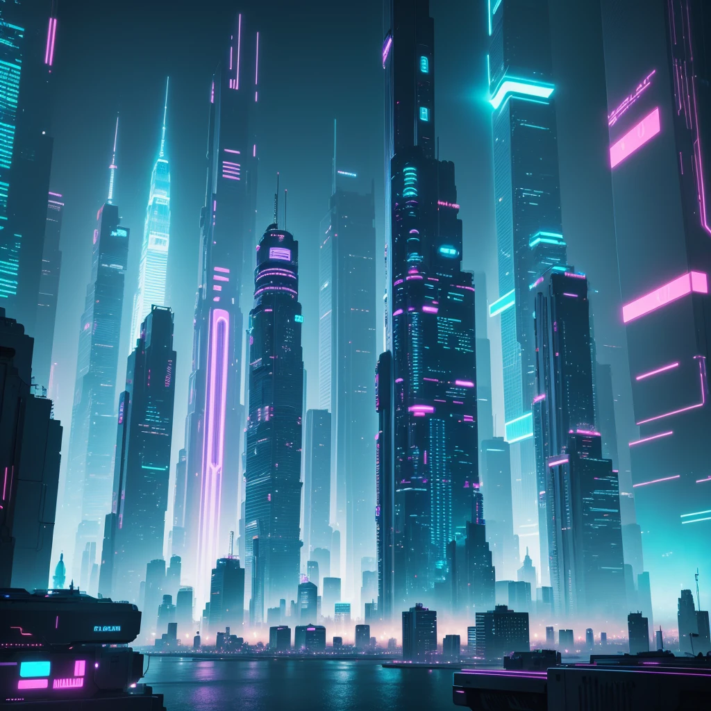 a futuristic cityscape, neon lights, glowing structures, floating skyscrapers, cyberpunk atmosphere, vibrant colors, glowing plants, colorful holographic displays, advanced technology, dynamic camera angle, cinematic lighting, moody atmosphere