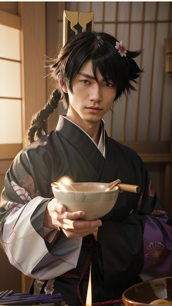 a cartoon picture of a man in a kimono outfit holding a bowl, handsome guy in demon slayer art, inspired by Okumura Masanobu, heise jinyao, keqing from genshin impact, hijikata toushirou, handsome japanese demon boy, inspired by Uragami Gyokudō, zhongli from genshin impact