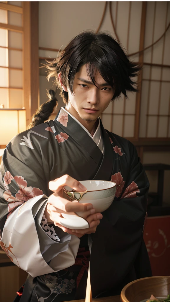 a cartoon picture of a man in a kimono outfit holding a bowl, handsome guy in demon slayer art, inspired by Okumura Masanobu, heise jinyao, keqing from genshin impact, hijikata toushirou, handsome japanese demon boy, inspired by Uragami Gyokudō, zhongli from genshin impact