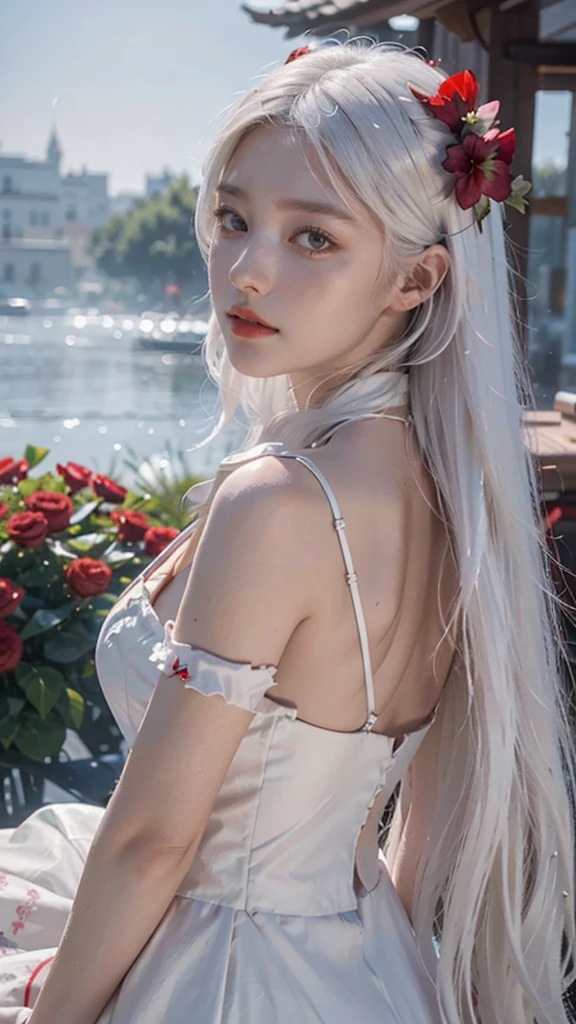 1girl,solo,1girl,solo,((beautiful detailed eyes)), (detailed light),depth of field,(white hair),silver eyes,hair over one eye,(red flower ), hair flower,long hair,black cloak,wet,emotionless,looking back,night,starfall,raining,fog,red flowers falling,sketch,upper body,intense shadows,