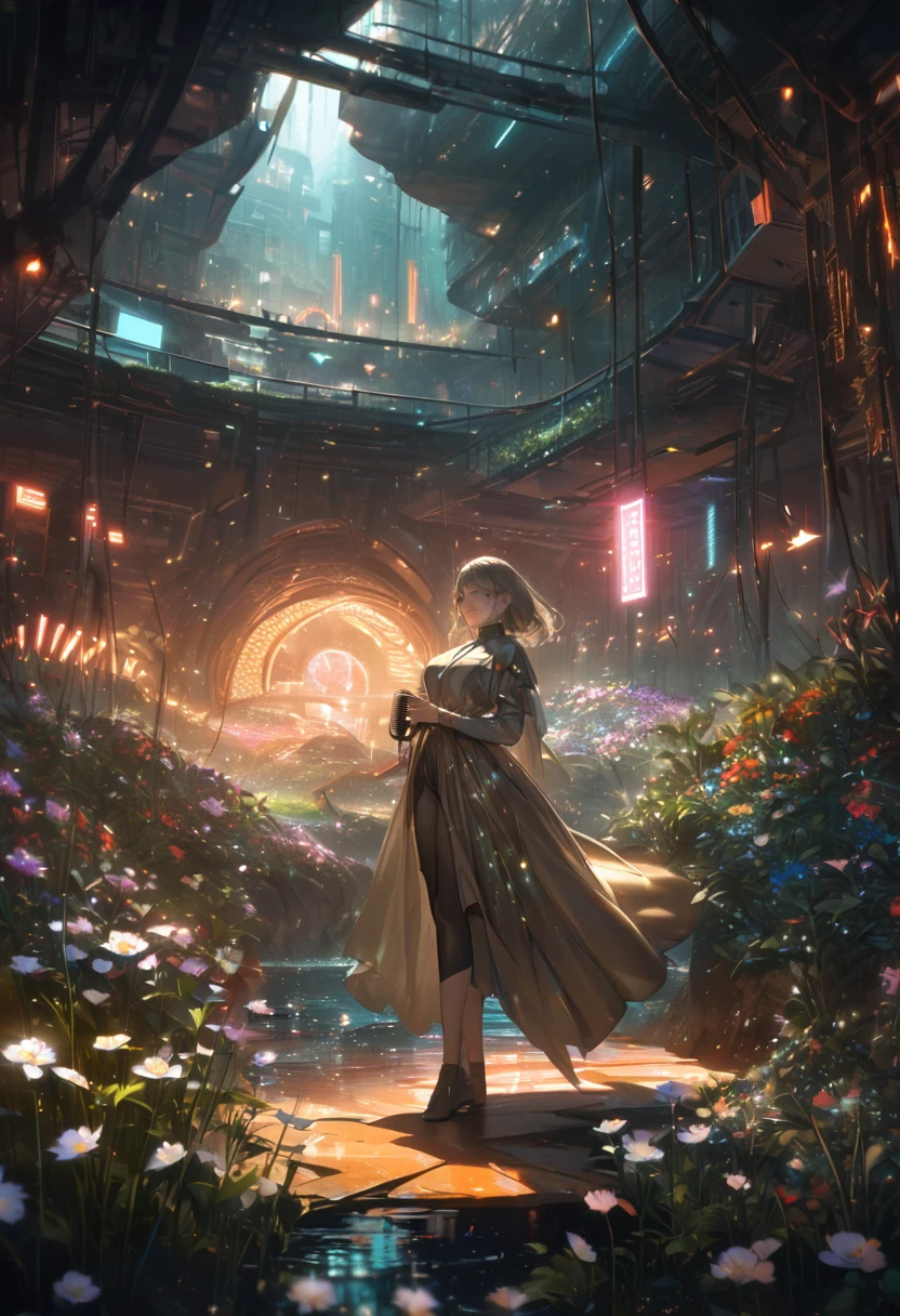 masterpiece, Highest quality, Particles of light, Underground flower garden, flowers blooming in the dark, Cave-like ceiling, A single ray of light, tall weeds, water, dark, Slate color, No humans around. A bright and hopeful futuristic cityscape glowing with neon and brass tones.. In the foreground, lit by a mix of neon lights and warm sunlight, is a powerful, realistic-looking woman holding a vintage microphone. Surrounding her is a symbol of unity and strength, like rising steam. In the background, greenery thrives among the futuristic structures, conveying hope and optimism for the future.
