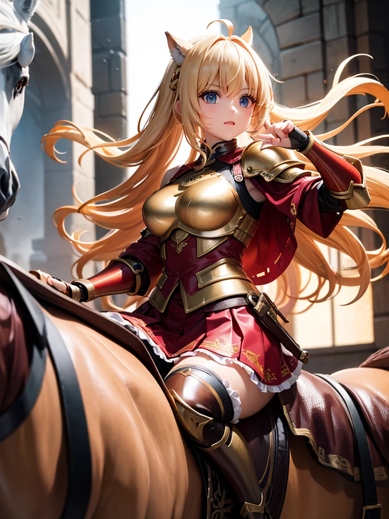 (super masterpiece)、(Excellent paintings)、(1 female)、Shoulder Armor, Arm armor, Breastplate, gauntlet, Golden Armor,red ruffle skirt,red poncho,Show your thighs,battlefield background(burning flame),long hair(Blonde hair color),flowing hair,Metallic texture,(1 armored war horse),horse riding,girl riding on horse,Horse's legs raised,Hold the flag in your right hand(Phoenix pattern),Arms on the shoulders,(Samurai style greatsword,:1.3), Wearing a golden feather-shaped headdress,show face,Aqua blue pupils(bright colors、glow),rosy skin,rosy skin,Delicate 8k skin texture,High detail vray rendering,light passing through hair(Delicate light and shadow,Exquisite details),Vibrant colors and light and shadow,High detail background,Perfect lighting,Light tracking,HDR,8k,uhd,8K resolution,Ultimate texture,Ultimate picture quality,Ultimate light and shadow,reflection,luster,High contrast,Stunning illustrations,perfect illustration,Light chasing,atmosphere,CG,Movie,close-up(horse riding),barded_steed,