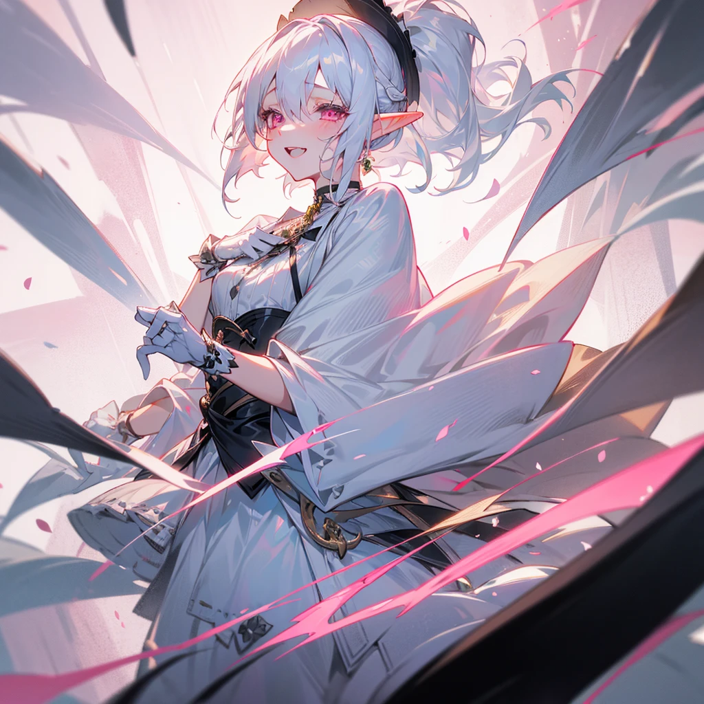 elf, silver hair, female, a girl, , female , glad, laughing, short hair, ponytail, covering one eye, pink eyes, pale skin, tiny, slim, wizard hat, choker, Tuxedo, White gloves, ribbon, skirt, Gothic Lolita, magic effect, pink Rose
