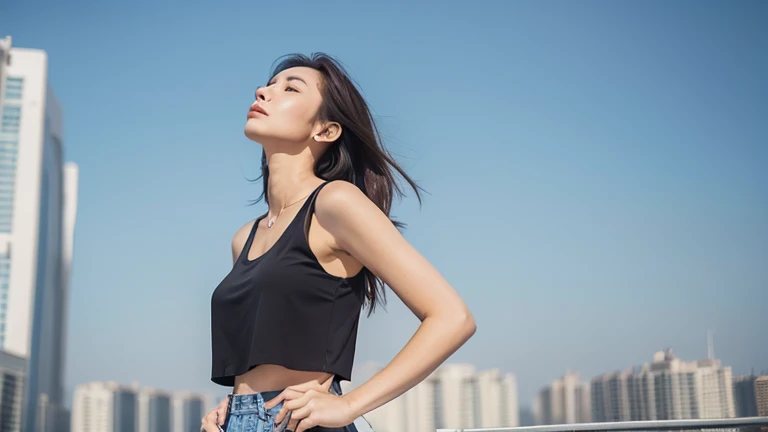 Beautiful woman standing on the roof of a big city building、Look up at the sky、Hold your hand over your forehead、Hair fluttering in the wind、Black Tank Top、Realistic photo、Professional photography with attention to detail