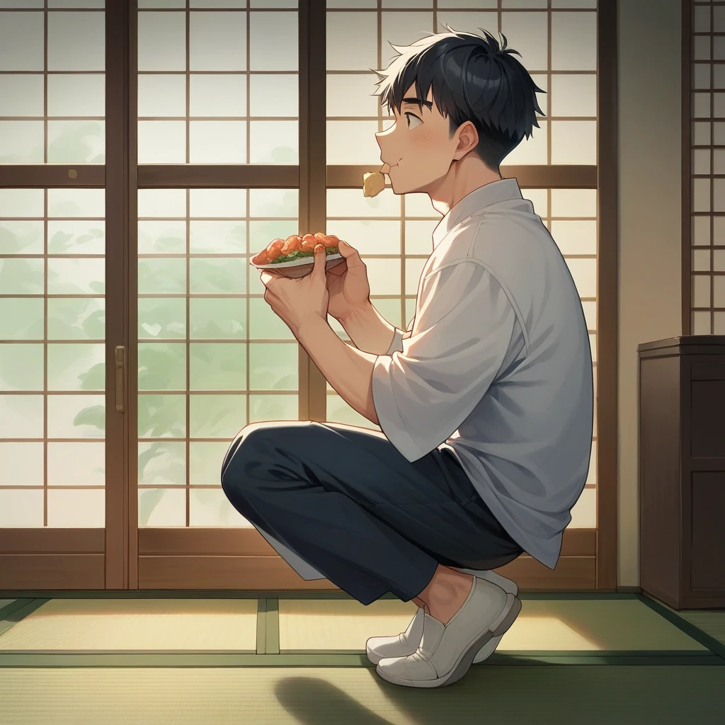 3D full body model of a boy, Side view, Eating natto with a happy look on his face, Japanese-style room, Kyoto view from the window