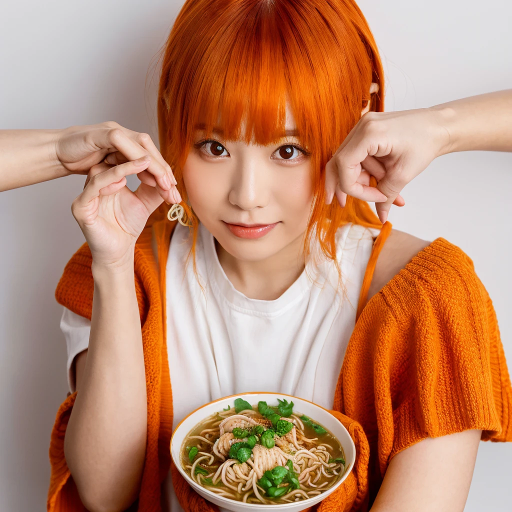 Model actress、Japanese women、One Woman、Influencer、Showing a bowl of ramen with both hands、Orange Hair Color、Studio with a white background