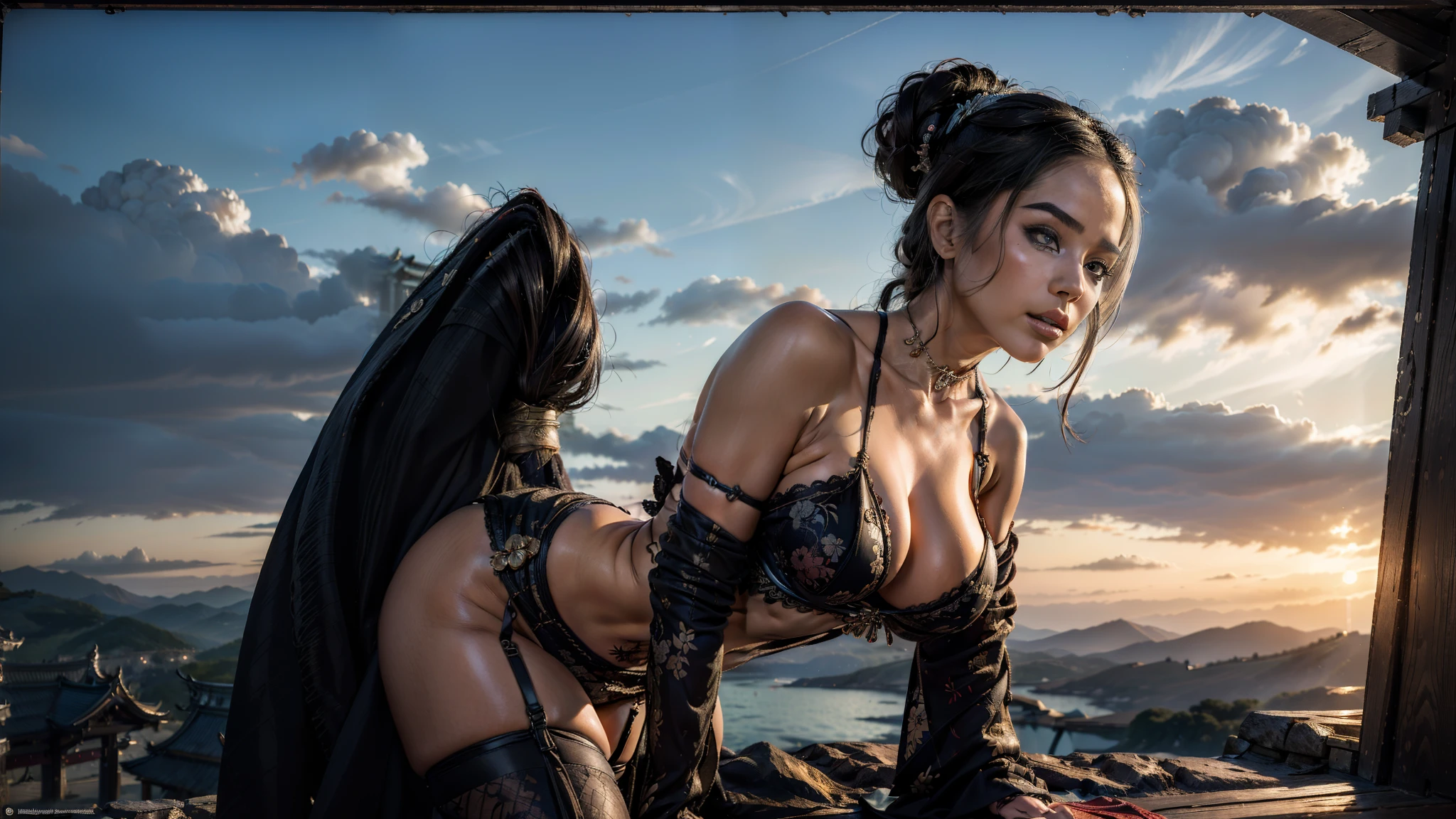 GEISHA- SEXY- KIMONO RAISED- UPPER BODY- THICK THIGHS- TEMPLE- MEDIEVAL- SWORDS- WARRIOR- SEXY FACE- DETAILED HD- LOW FRAME - BEAUTIFUL- garter belt- DETAILED CORCELET- REAR- LOW ANGLE- SUNSET IN BACKGROUND-Daenerys Targaryen