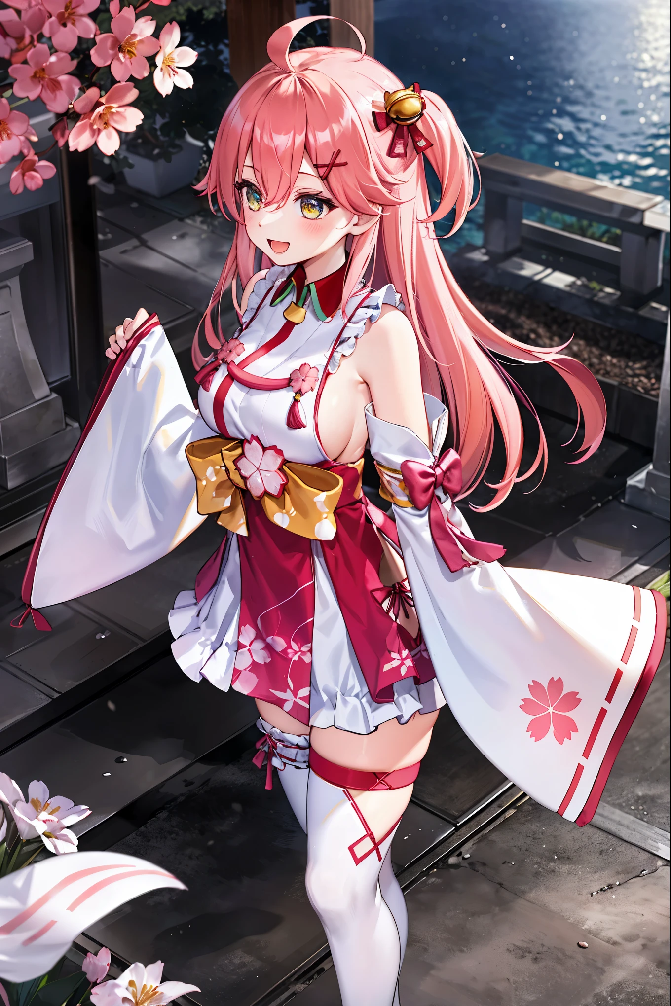 masterpiece, best quality, highres, miko1, sakura_miko, 1girl, big_boobs, solo, ahoge, x_hair_ornament, pink_hair, floral print, hairclip,(side_less_clothes:1.5), (side_boobs:1.5), hair_bell, floral print, long_hair, hair between eyes, one side up, white thighhighs, asymmetrical legwear, wide sleeves, open_mouth,(happy:1.3),gleen_eyes,big_smile,(rise_leg:1.3),plump,apart_legs,(overly_long_sleeves:1.3),),sleeves_past_wrists,hands_hidden_sleeves,sidelock_clothes,dynamic_posing,solo,hidden_wrists,(XD:1.4),covered_nipples,sunlight,cherryblossom_temple_landscape_background,