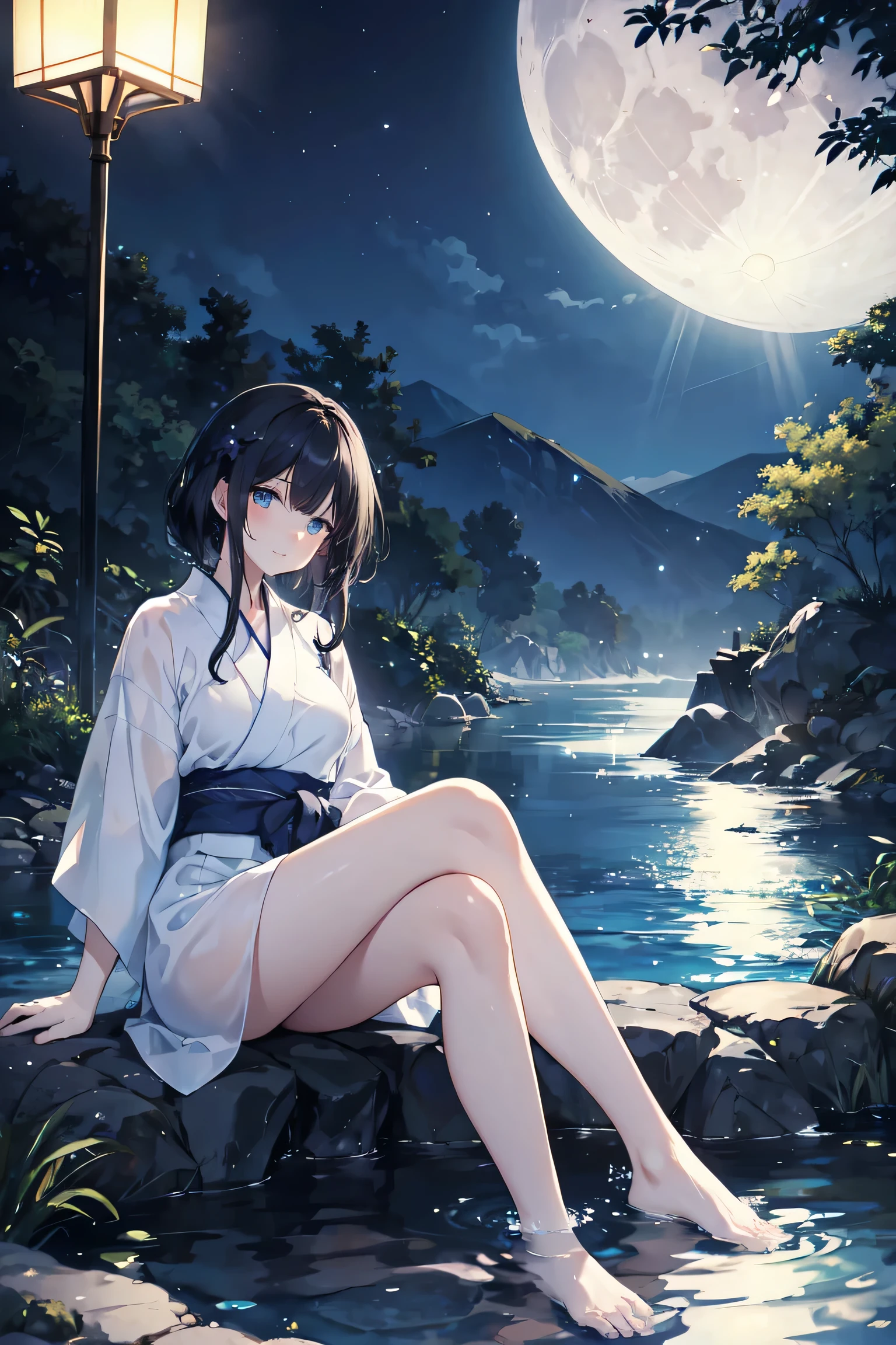 A woman relaxing in a hot spring,Black Hair、blue eyes、20generation,Looking up at the moon、yukata、Satisfied face,Beautiful light of inspiration,Elegant water flow,Calm atmosphere,Quiet and calm background