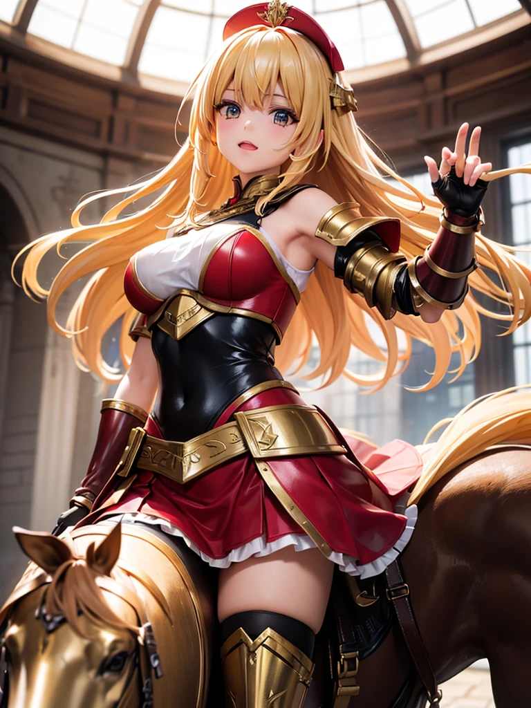 （super masterpiece）、（Excellent paintings）、（1 female）、Shoulder Armor, Arm armor, Breastplate, gauntlet, Golden Armor，red ruffle skirt，red poncho，Show your thighs，battlefield background（burning flame），long hair（Blonde hair color），flowing hair，Metallic texture，（1 armored war horse），horse riding，girl riding on horse，Horse&#39;s legs raised，Hold the flag in your right hand（Phoenix pattern），Arms on the shoulders，(Samurai style greatsword,:1.3), Wearing a golden feather-shaped headdress，show face，Aqua blue pupils（bright colors、glow），rosy skin，rosy skin，Delicate 8k skin texture，High detail vray rendering，light passing through hair（Delicate light and shadow，Exquisite details），Vibrant colors and light and shadow，High detail background，Perfect lighting，Light tracking，HDR，8k，uhd，8K resolution，Ultimate texture，Ultimate picture quality，Ultimate light and shadow，reflection，luster，High contrast，Stunning illustrations，perfect illustration，Light chasing，atmosphere，CG，Movie，close-up（horse riding），barded_steed，