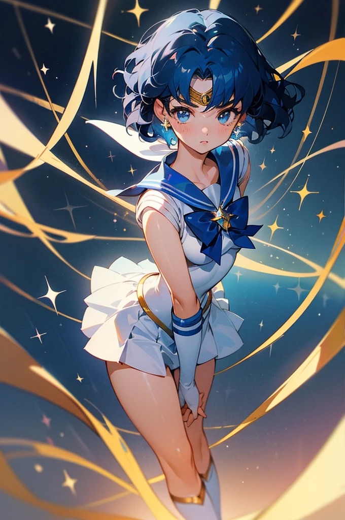 (masterpiece, best quality), (ultra highres, ultra-detailed),A girl cosplaying Sailor-Mercury,Sailor-Mercury's circlet,"Sailor-Moon", BREAK nebula background,(glitter:1.3), BREAK girl pose,(girl,16yo,detailed face,(darkblue-hair,wavy-short hair),eyebrows,,middle small breasts),fullbody,dynamic angle,