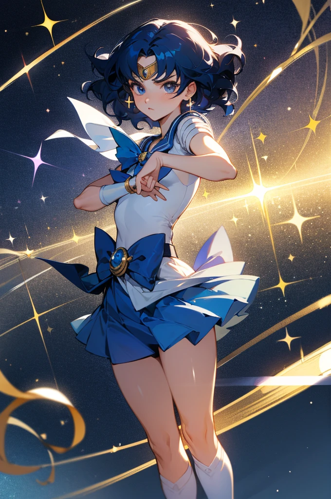 (masterpiece, best quality), (ultra highres, ultra-detailed),A girl cosplaying Sailor-Mercury,Sailor-Mercury's circlet,"Sailor-Moon", BREAK nebula background,(glitter:1.3), BREAK girl pose,(girl,yo,detailed face,(darkblue-hair,wavy-short hair),eyebrows,,middle small breasts),fullbody,dynamic angle,