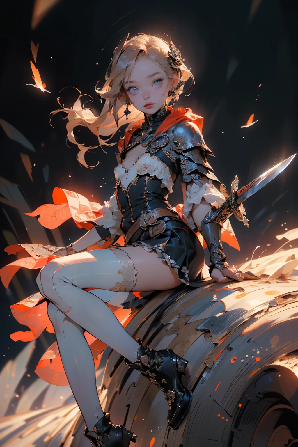 (((masterpiece, of the highest quality, super detailed))), (a female knight of an occult order), ((((a sword with a digital glitch-like effect to the blade as though it is rapidly flickering in and out of reality, with a very slight warping effect around it similar to gravitational lensing, is floating next to her)))), Edwardian/Victorian era inspired, ((minimal but intricate beautiful armour)), Fluttering lace flared dress with frilly petticoats, ((((Highly detailed face))), (((Very sharp focused eyes))), very long eyelashes, small breasts, (((flat chest:1.1))), occult aesthetic, (red and white clothing detailed and intricate steampunk and detailed gothic), (with a hood), complex lace boots