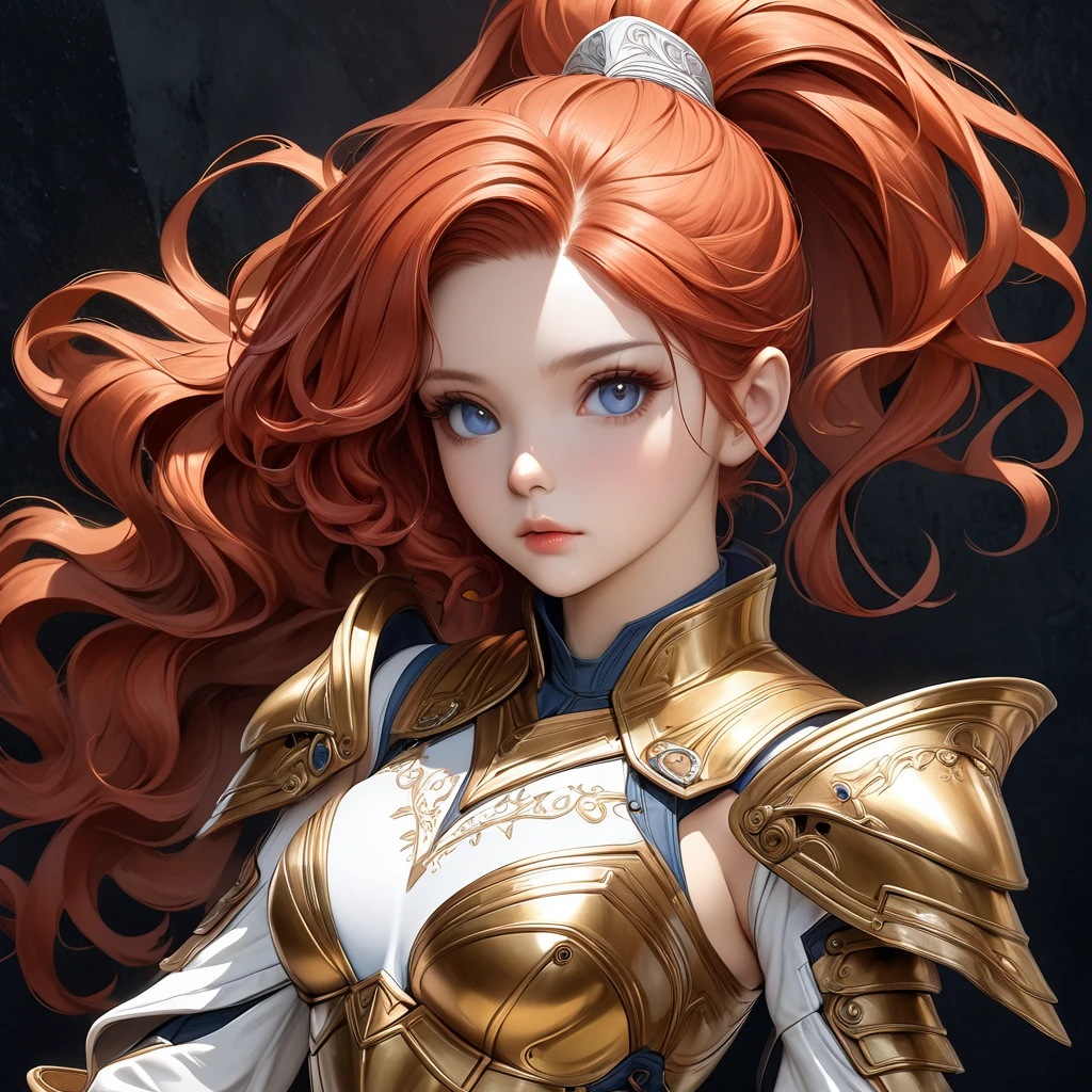 (8k, RAW photo, best quality, masterpiece:1.2), (realistic, photo-realistic:1.4), (extremely detailed CG unity 8k wallpaper), a full body (rogue:1.1) female wearing gold (leather armor:1.3), stiched worn out armor, (insanely detailed:1.5), gold and (white:1.5), Concept art portrait by Greg rutkowski, Artgerm, hyperdetailed intricately detailed gothic art trending on Artstation, fantastical, intricate detail, (small blue highlights:1), (redhead, wavy hair, high ponytail: 1.4)