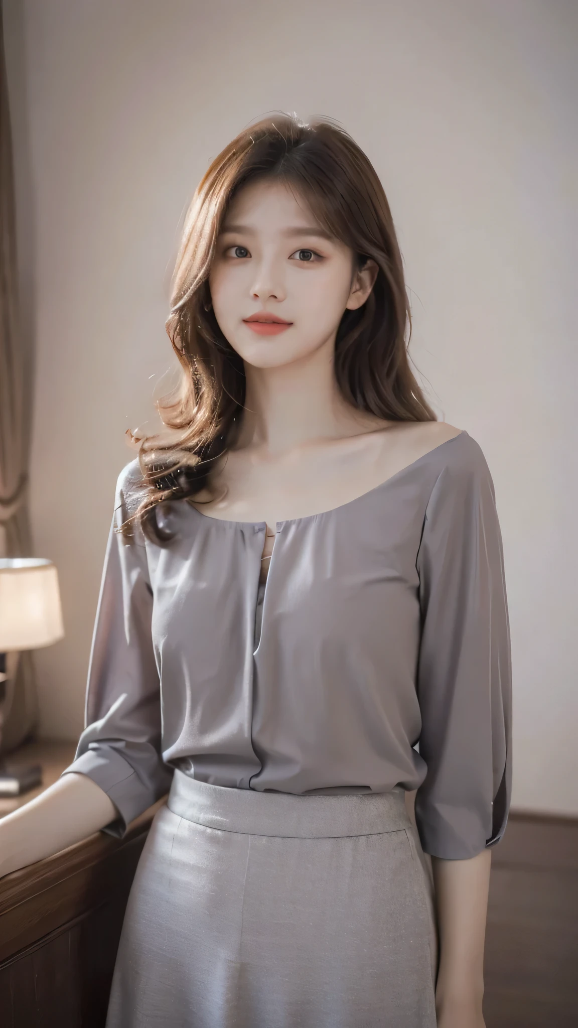 detailed background, masterpiece, best quality, 1 person , curly hair, long hair, purple eyes, star in eye , grey Strapless blouse, long skirt, grey, tight , grey blouse