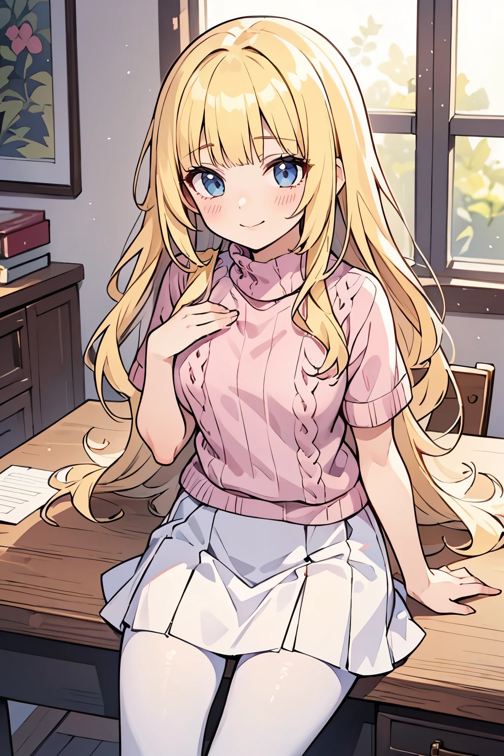 Safe for work, masterpiece, best quality, solo, 1 girl,  cute girl, wholesome girl, (young female body:1.4), ( medium small breasts), cowboy shot, shy smile, flustered, yellow hair, voluminous wavy hair, extra long hair, hime cut, very blunt bangs, light blue eyes, office room, desk, sweater, pink knitted sweter, tucked in shirt, white skirt, tight white skirt, pink sweater tucked into waistband, tights, hands in lap, sitting on desk, extra long wavy yellow hair, tucked in sweater, white pantyhose, short sleeves