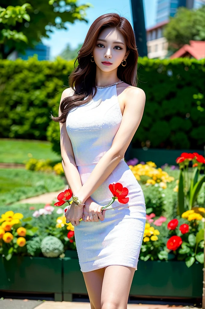 Tzuyu 1, woman, (Realistic), (Hyperrealism), (photoRealistic), Written boundary depth, eye make up:0.7 (whole body:1.8), (Large Bust),(Tight waist), Observe the audience,At the flower garden, Fashion Model, A sexy dress with open shoulders and neckline