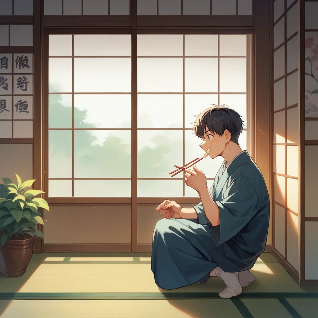 3D full body model of a boy, Side view, He is happily eating natto with chopsticks., Japanese-style room, Kyoto view from the window,An illustration