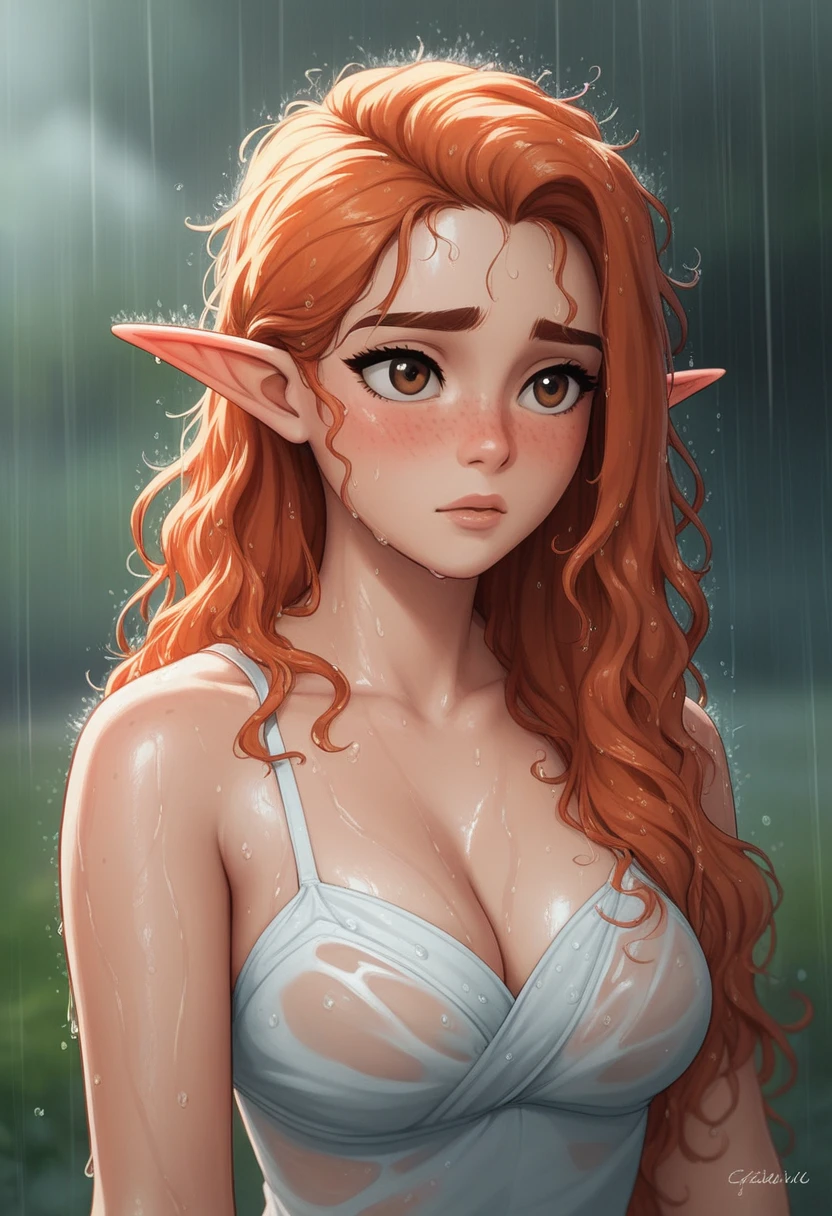 A beautiful girl, beautiful brown eyes, (ginger hair:1.2). (Elf ears:1.2), dark brows, full lips, wet hair, messy hair, natural beauty. With a sweet look, cute freckles, very nervous expression, blushing cutely. Beautiful lighting, wearing elegant summer dress, soaked, magic rain, raining