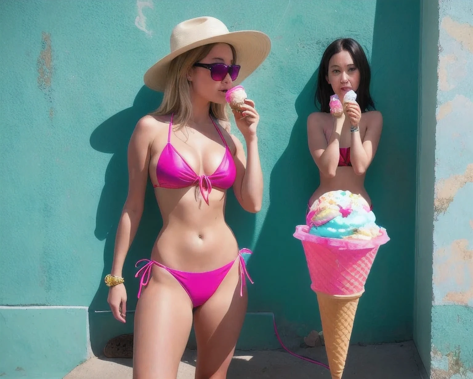 girl in a bikini eating an ice cream cone, eating ice cream, in a bikini, angela white, giorgia meloni, katy perry, in bikini, eating ice - cream, wearing spandex bikini, ice cream on the side, bikini, ice cream, wearing a bikini, candid photo of dirty, shiny plastic bikini, candid shot, cone, 1 girl, solo,in a green dress standing by a wall,portrait of female idol