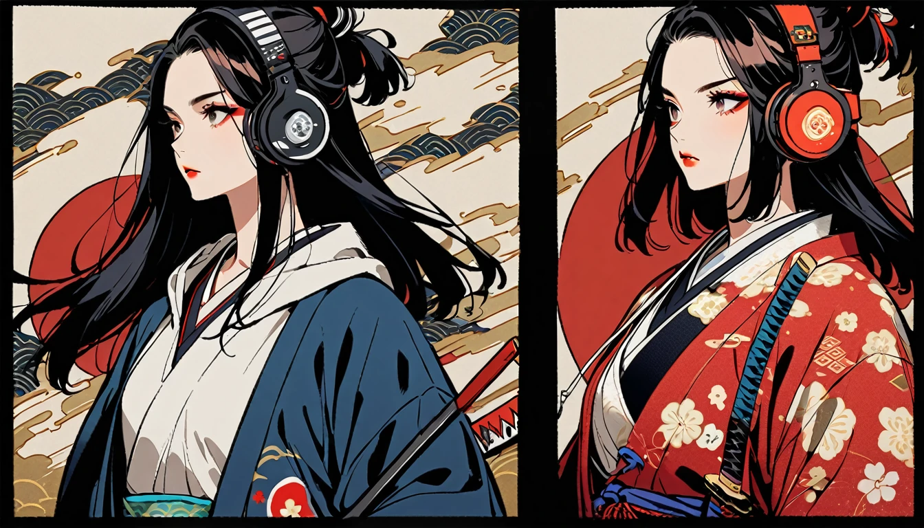 (((2 girl))), (((Flashy makeup))), (((Japanese style headphones))), (((Japanese pattern hoodie))), (((Japanese sword))), (((Female samurai))), Japanese beautiful girl, Black Hair, Delicate and precise, Modern ukiyo-e style, Japanese flag, battle mode