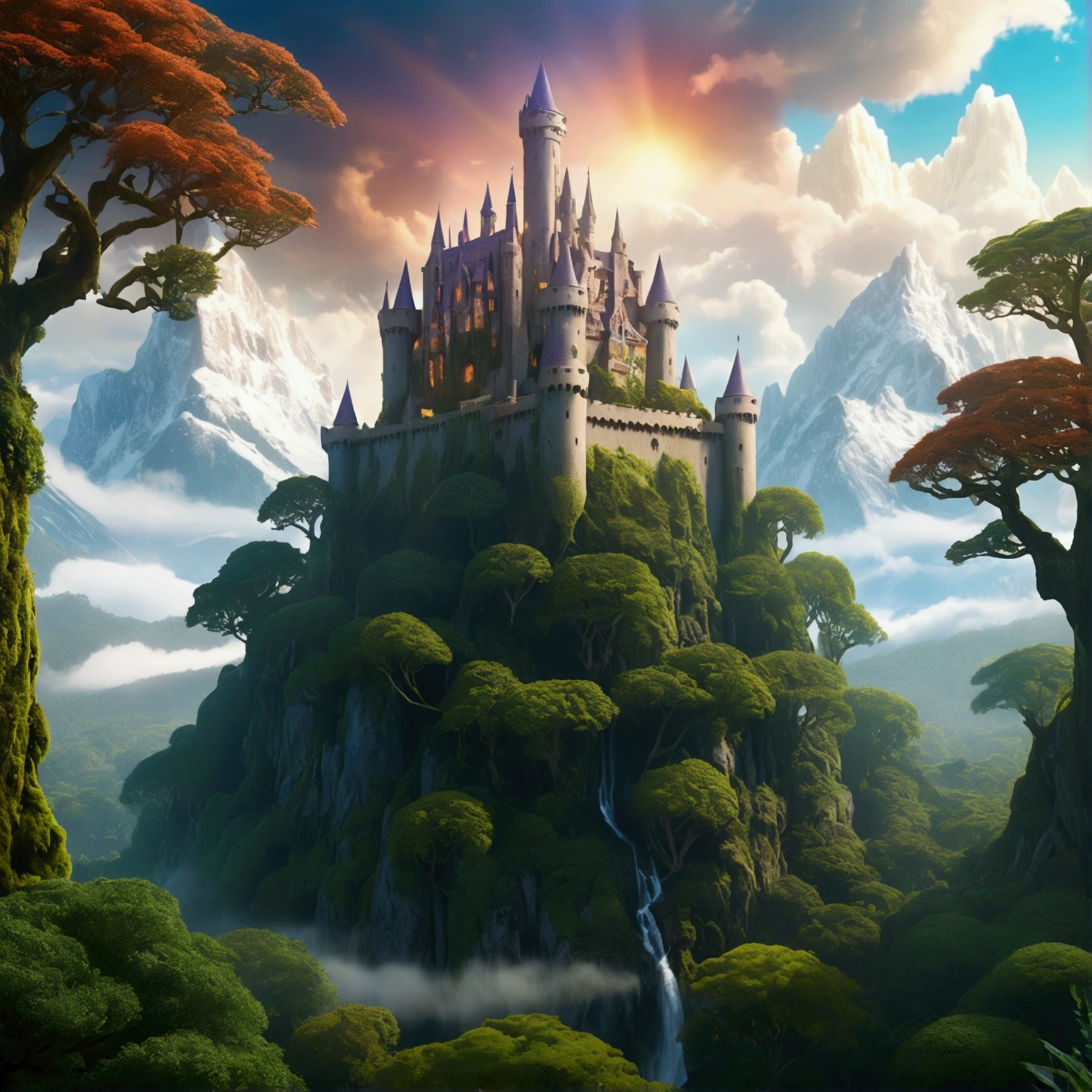 A An old castle on top of a giant tree in the middle of a dense forest with a magical aura emanating from inside the castle surrounded by trees and plants. fantasy world with tall, snowy mountains reaching into the sky through the clouds,